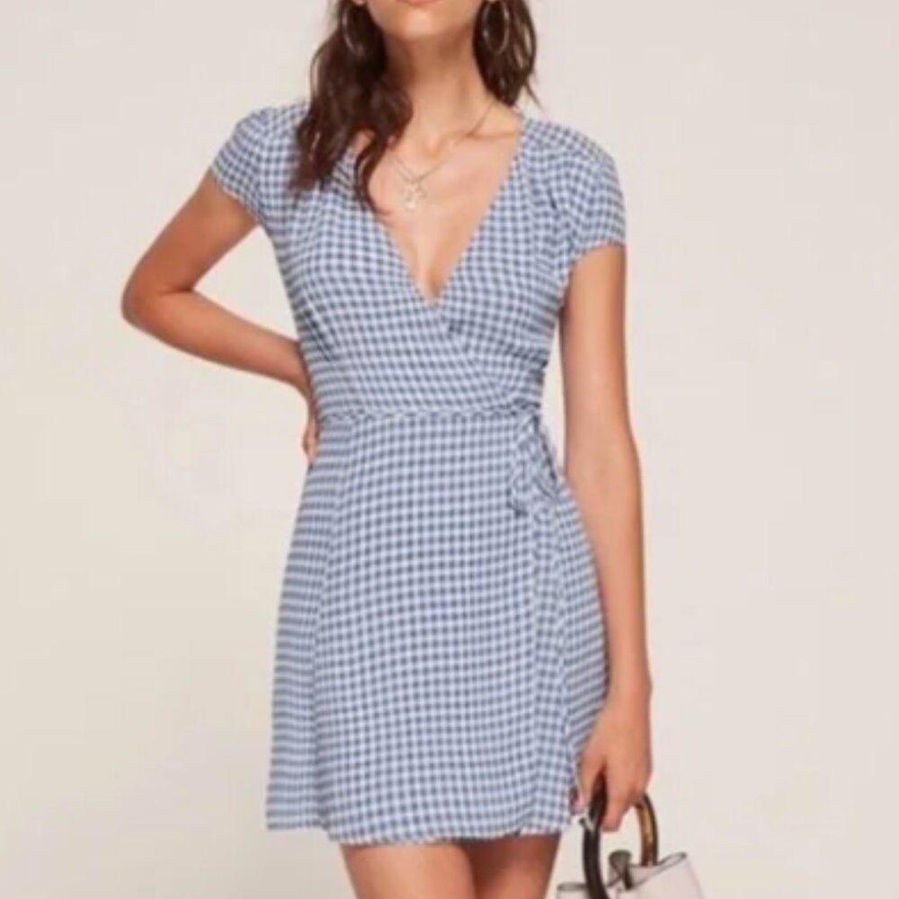 Reformation Lorena Wrap Dress in Blue and White Gingham
